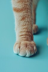 Close-up of a ginger cat's paw on a turquoise background.