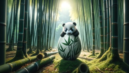 An image depicting a panda cub peeking out from a cracked egg painted with bamboo leaves, set...