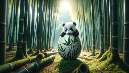 Fototapete An image depicting a panda cub peeking out from a cracked egg painted with bamboo leaves, set against a backdrop of a dense bamboo forest. © FantasyLand86