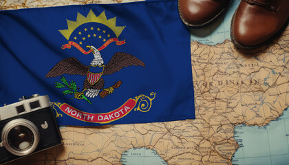 North Dakota flag on the map surrounded by camera, shoes. Travel and tourism concept