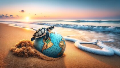 Visualize a small turtle hatching from an egg with a world map design, on a sandy beach with gentle waves in the background.