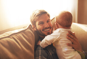 Family, sofa and portrait of father with baby for bonding, relationship and care for parenting....