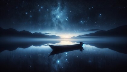 A detailed and focused image capturing the tranquil essence of solitude_ A lone boat silhouette on calm water under a starry night sky. - obrazy, fototapety, plakaty