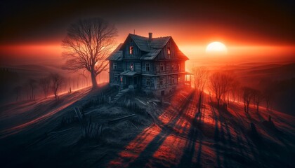 A detailed and focused image conveying a feeling of solitude and mystery_ An abandoned, shadowy house situated on a hill with the setting sun in the b.