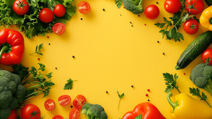 top view background with copy space about healthy vegetables on yellow