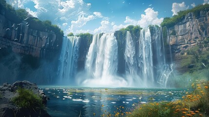 A beautiful very big waterfall. Generative AI.