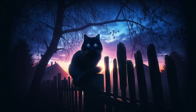 A detailed and focused image that portrays the mysterious ambiance of twilight_ A shadowy cat with piercing eyes sitting on an old wooden fence, with .
