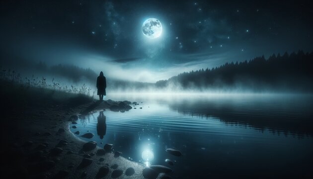 A detailed, focused image that evokes mystery and tranquility_ A mysterious figure stands at the edge of a misty lake under a moonlit sky.
