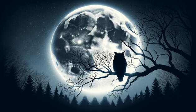 A detailed and focused image capturing the essence of a tranquil night scene_ A silhouette of an owl perched quietly on a leafless tree branch.