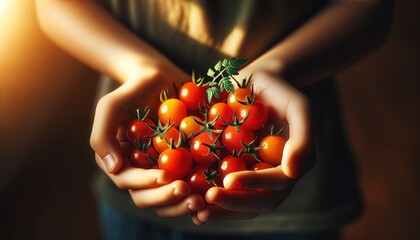The image should depict a close-up of a child's hands gently holding a small pile of freshly picked cherry tomatoes.