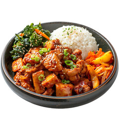 Front view of dak galbi with spicy stir-fried Korean chicken, vegetables, and sweet potato isolated on a white transparent background