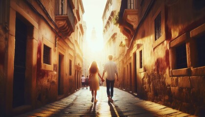 A high-detail, focused medium shot capturing a moment of intimacy and connection_ a couple holding hands and walking through a narrow alley, surrounde.
