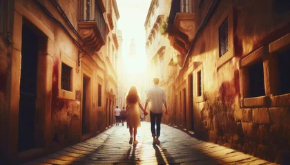 Foto op Plexiglas Smal steegje A high-detail, focused medium shot capturing a moment of intimacy and connection_ a couple holding hands and walking through a narrow alley, surrounde.