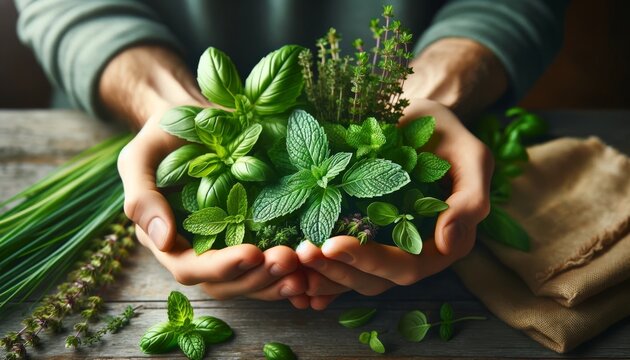 A close-up hands gently holding a selection of freshly picked herbs like mint, basil, and thyme.