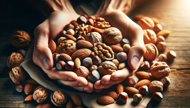 The image should display close-up hands cupping a mix of different types of nuts, including almonds, walnuts, and hazelnuts.