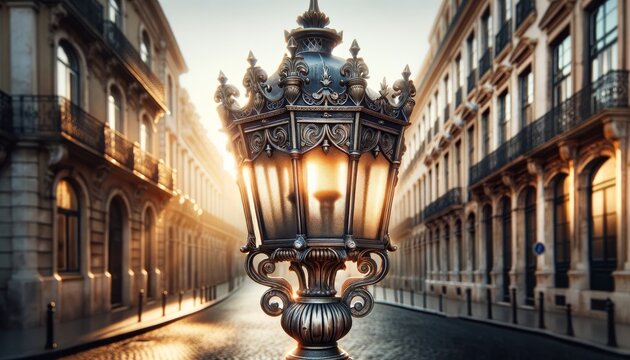 A detailed, high-focus close-up image of an antique lamp post on a historic street.