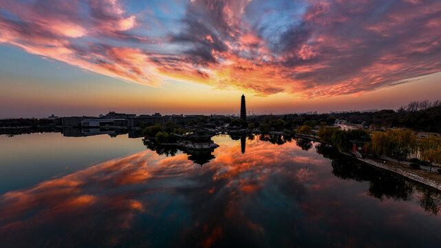 Kaifeng, Iron Pagoda, Kaibao Temple Pagoda, Sunset, Horizontal View, Panoramic Horizontal View, Vertical View,