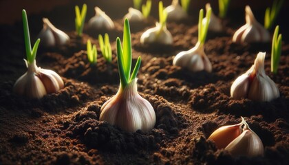 A detailed image of garlic cloves planted in soil, with one sprouting green shoots, captured in natural light. - obrazy, fototapety, plakaty