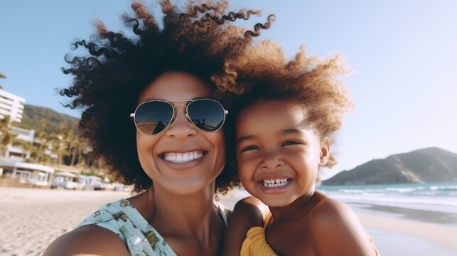 A woman and a child are smiling and posing for a picture on a beach