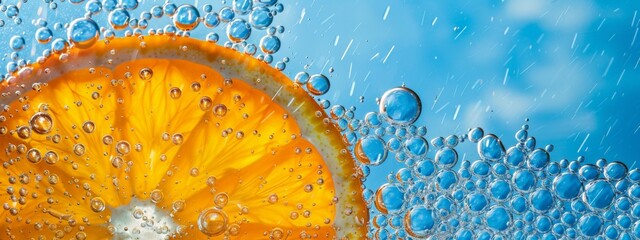 Orange Slice Submerged in Sparkling Water with Air Bubbles - obrazy, fototapety, plakaty