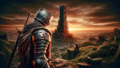 A detailed close-up of a knight in battered armor, pausing to look at an enormous, dark tower rising from a field of ruins at sunset. - obrazy, fototapety, plakaty