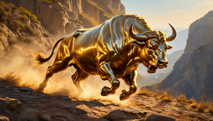 a bull is running on a rocky mountain side in a golden color - obrazy, fototapety, plakaty