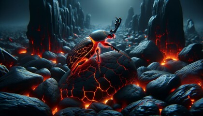 Imagine a beetle with a body that resembles cracked lava, glowing with bright orange and red hues.
