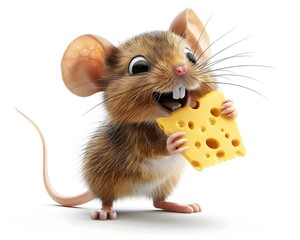 A mischievous cartoon mouse with a cheeky expression holds a piece of cheese in its paws whiskers