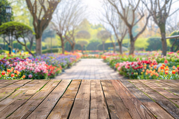 Wooden table perspective over a blurred garden path with blooming flowers