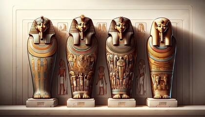 An illustration showcasing a comparison of different types of Egyptian sarcophagi from various dynasties. - obrazy, fototapety, plakaty