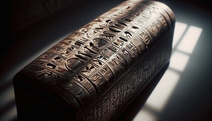 A close-up image focusing on the intricate hieroglyphs of an ancient Egyptian sarcophagus. - obrazy, fototapety, plakaty