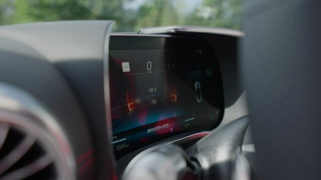 Luxury Sport Car Digital Dashboard Close-Up, Leather Steering Wheel, Odometer, Speedometer 