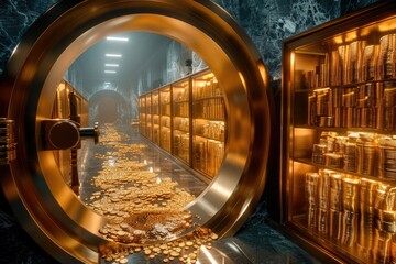 A money vault filled with gold. Generative AI. - obrazy, fototapety, plakaty
