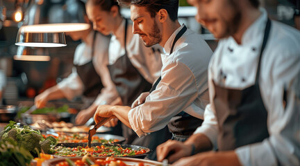 A group of people in aprons at a culinary master class. Generative AI.