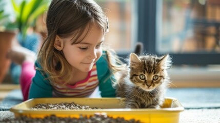 cute girl wearing brightly colored clothing cleaning out a kitty litter box while a curious kitten watches. ai generated - obrazy, fototapety, plakaty