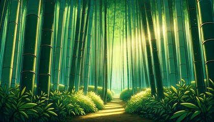 A serene bamboo grove, focusing on the vertical lines and varying shades of green, with light streaming through the dense foliage.