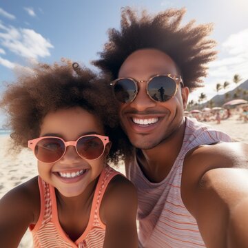A man and a little girl are smiling and wearing sunglasses