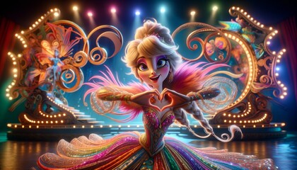 The image portrays an animated character with a whimsical and vibrant appearance, resembling a...