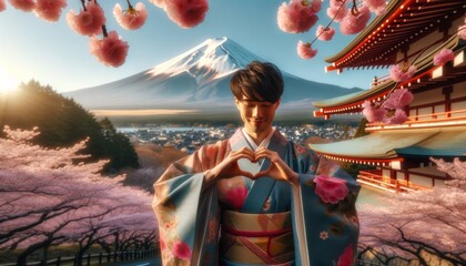 Naklejka premium The image depicts a person dressed in traditional Japanese attire, making a heart sign with their hands, with Mount Fuji and cherry blossoms in the ba.