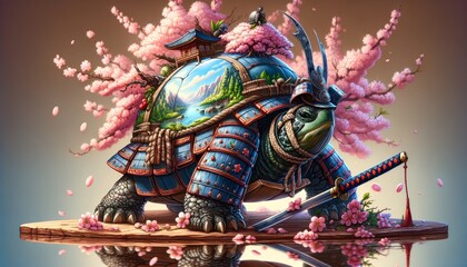 Fototapeta premium A turtle dressed as a samurai, with intricate armor patterns and a reflective landscape on its shell, surrounded by cherry blossoms.
