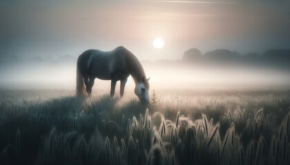 An image showcasing a lone horse grazing in a misty field at dawn, with the sun barely breaking through the soft mist.
