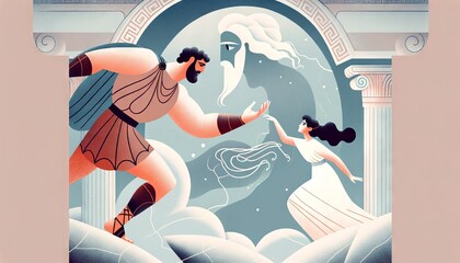 A whimsical, animated art style image showing Heracles, depicted as a strong, heroic figure with exaggerated muscular features, reaching out to grasp .