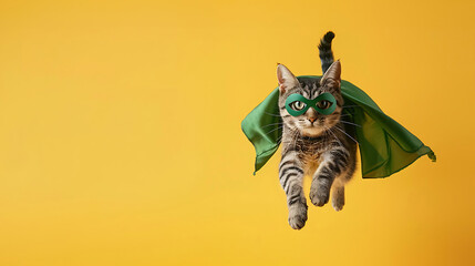 superhero cat, Cute grey tabby kitty with a green cloak and mask jumping and flying on a light yellow background