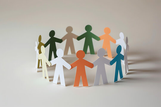 White paper figures of people standing in a circle, holding hands, on a neutral background