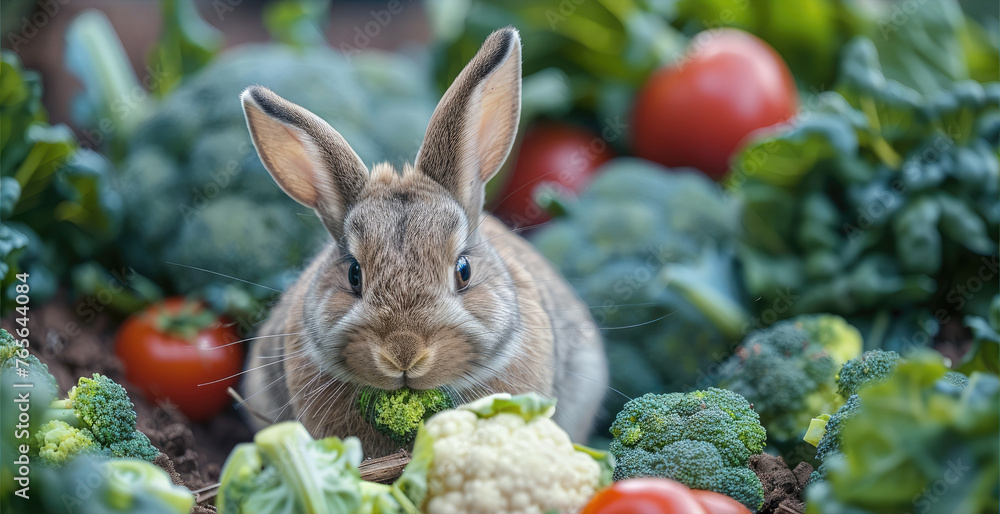 Wall mural A rabbit eating Broccoli and Cauliflower. Generative AI.