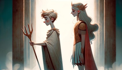 An animated, whimsical art style image showing Cassandra standing next to Agamemnon, with a foreboding and sorrowful expression as she foresees their .