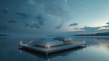 3D model of a floating bed on a tranquil lake minimalist design focusing on unobstructed views of the sky