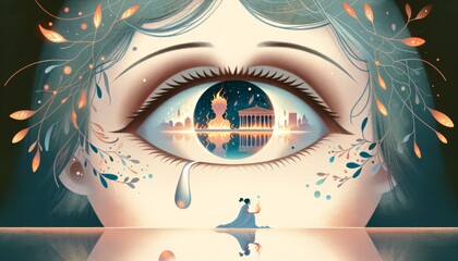 An animated, whimsical art style image depicting Cassandra from Greek Mythology, with tears streaming down her face as she foresees the fall of Troy.