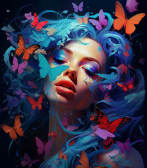 illusion of a girl's innermost thoughts, where butterflies dance in shades of dark cyan and orange above her head.