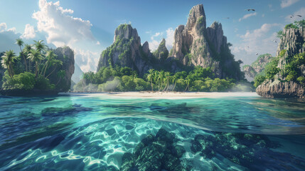 3D panoramic view of a deserted island from the sea showcasing the diverse landscapes from sandy beaches to rugged cliffs and dense jungle - obrazy, fototapety, plakaty